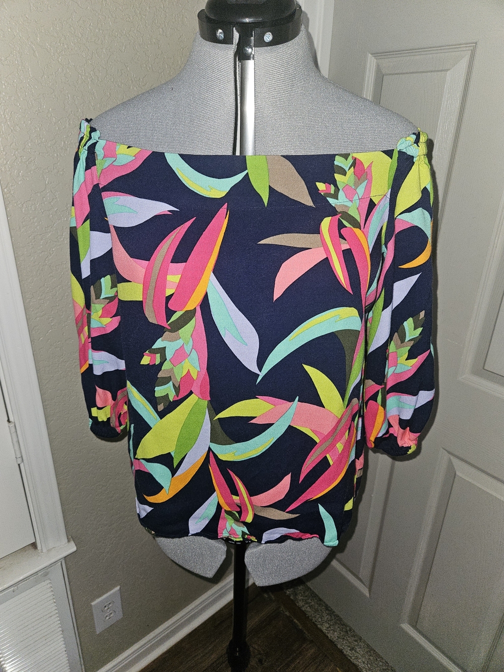 Trina Turk Off-Shoulder Tropical Print Blouse in Navy with Neon Accents